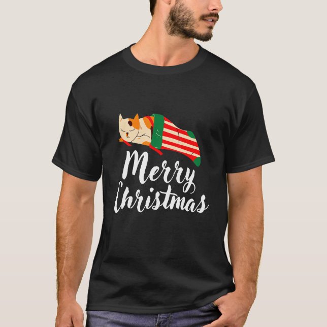 Christmas Cat Sleeping In A Sock   Present Men Wom T-Shirt (Front)