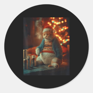 Christmas Cat Smoking Cigarette Meme Gen Z  Classic Round Sticker