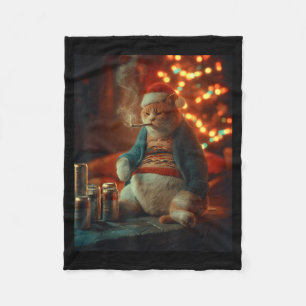 Christmas Cat Smoking Cigarette Meme Gen Z  Fleece Blanket