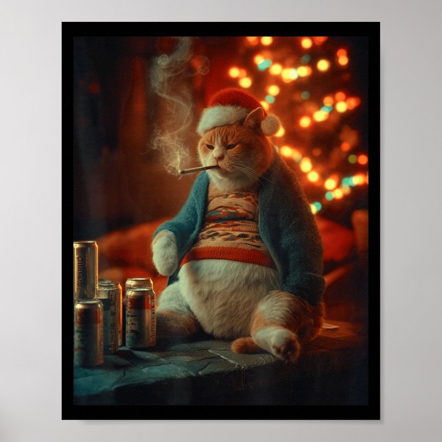 Christmas Cat Smoking Cigarette Meme Gen Z  Poster (Front)