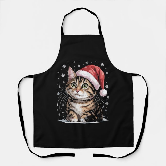 Christmas Cat Snow Santa Hat Winter Apron (Front)