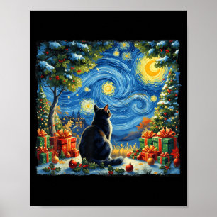 Christmas Cat Starry Night Van Gogh Santa Winter G Poster