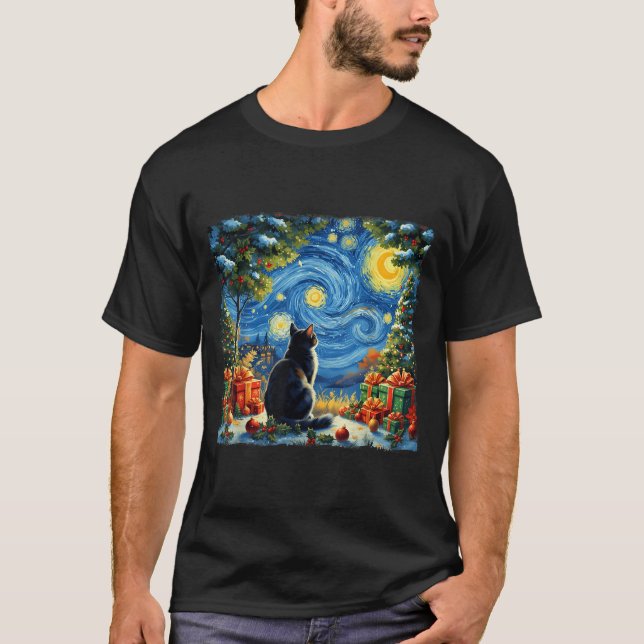 Christmas Cat Starry Night Van Gogh Santa Winter G T-Shirt (Front)
