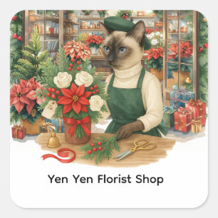 Christmas cat sticker, cat florist sticker, square sticker