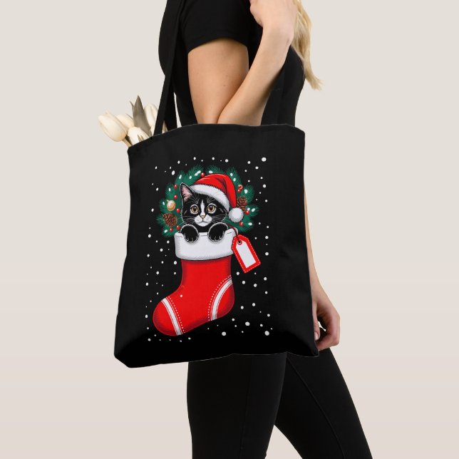 Christmas Cat Stocking Santa Hat Pinecones Snow Tote Bag (Close Up)