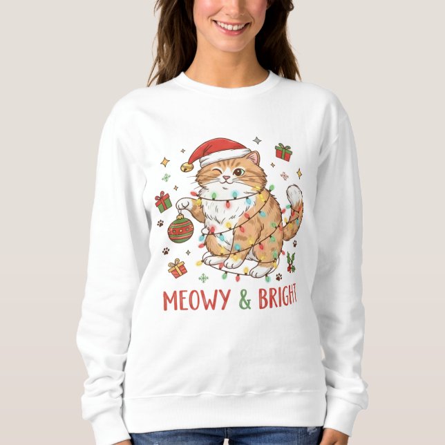 Christmas Cat Sweatshirt with Santa Hat and Lights (Front)