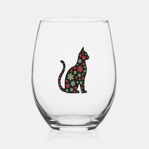 Christmas Cat T-Shirt Stemless Wine Glass