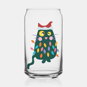 Christmas Cat tangled in lights Can Glass