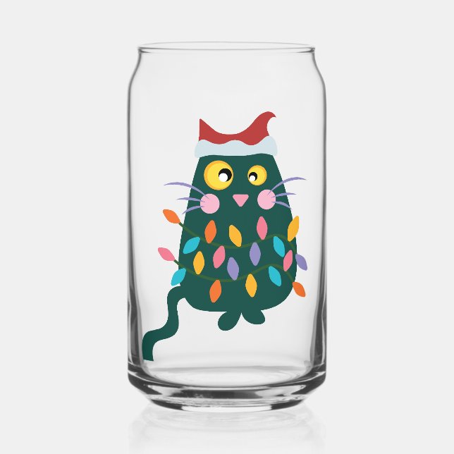Christmas Cat tangled in lights Can Glass (Back)