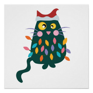 Christmas Cat tangled in lights Poster