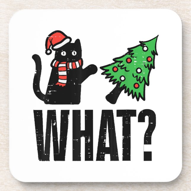 Christmas Cat Tipping Xmas Tree Funny Coaster (Front)