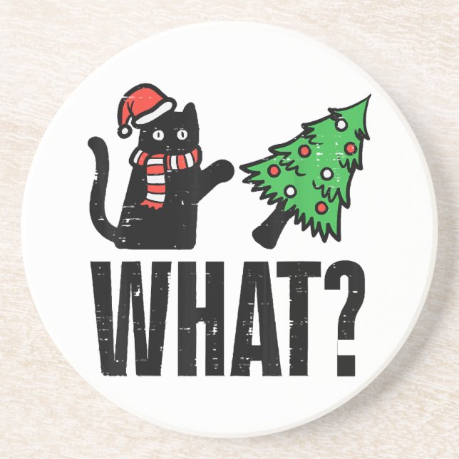 Christmas Cat Tipping Xmas Tree Funny Coaster (Front)