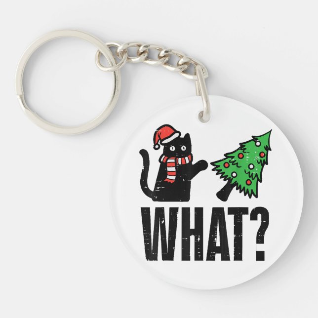 Christmas Cat Tipping Xmas Tree Funny Key Ring (Front)
