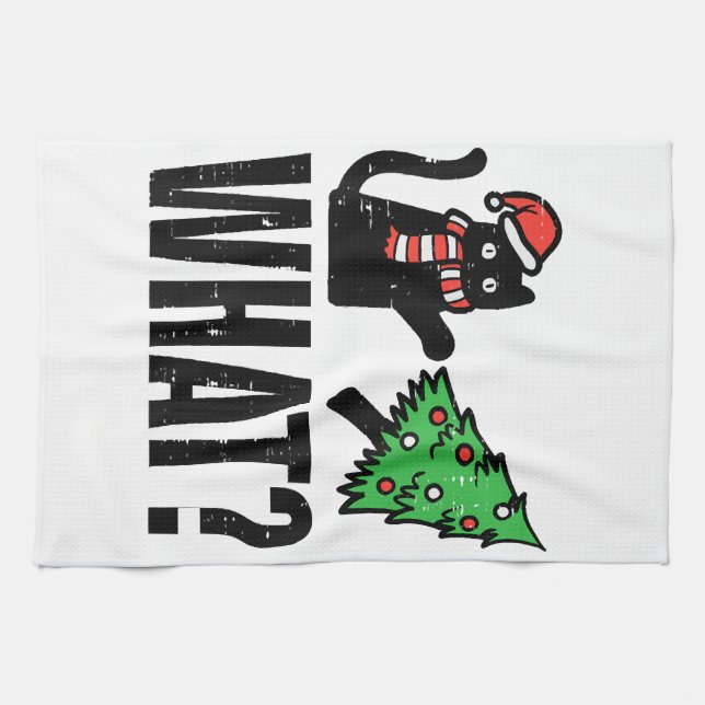 Christmas Cat Tipping Xmas Tree Funny Tea Towel (Horizontal)