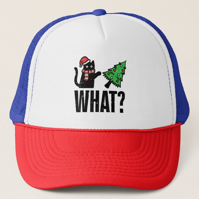 Christmas Cat Tipping Xmas Tree Funny Trucker Hat (Front)