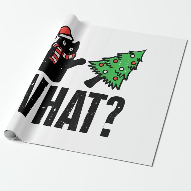Christmas Cat Tipping Xmas Tree Funny Wrapping Paper (Unrolled)