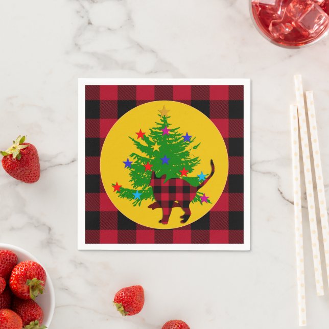 Christmas Cat, Tree and Red Buffalo plaid rustic Napkin (Insitu)
