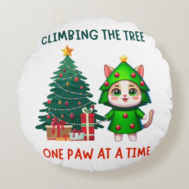 Christmas Cat Tree Funny Whimsical Cartoon Round Cushion (Front)