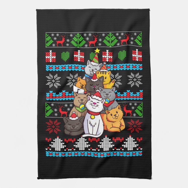 Christmas Cat Tree Gift Tea Towel (Vertical)