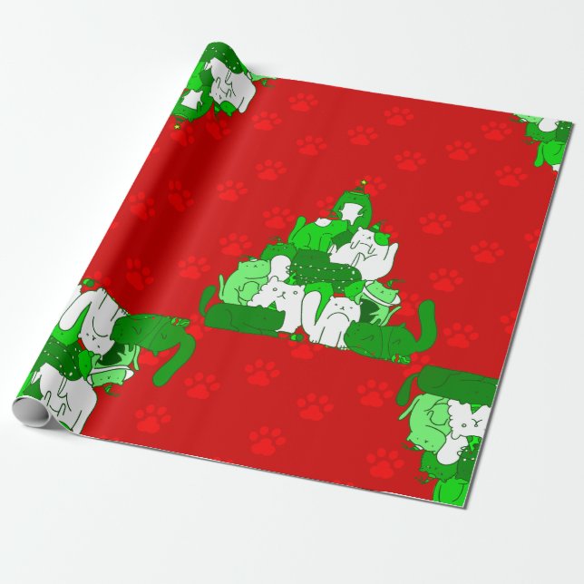 christmas cat tree paw print wrapping paper (Unrolled)