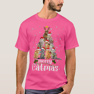 Christmas Cat Tree with Santa Hat Merry Catmas Fun T-Shirt
