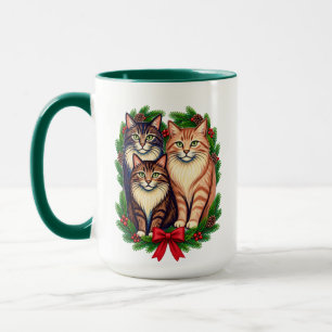 Christmas Cat Trio with Evergreen Wreath Mug