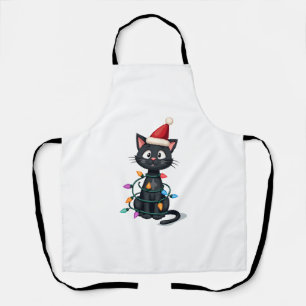 Christmas Cat Tuxedo black cat xmas lights kitty c Apron