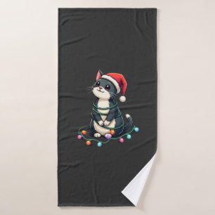 Christmas Cat Tuxedo black cat xmas lights kitty c Bath Towel