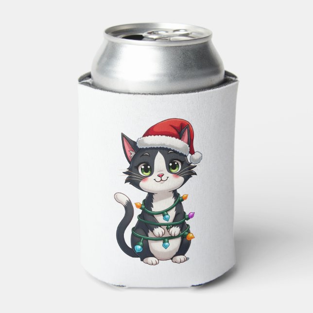 Christmas Cat Tuxedo black cat xmas lights kitty c Can Cooler (Can Front)