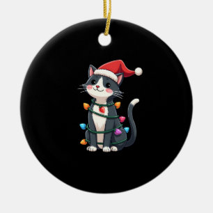 Christmas Cat Tuxedo black cat xmas lights kitty c Ceramic Tree Decoration