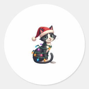 Christmas Cat Tuxedo black cat xmas lights kitty c Classic Round Sticker