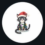 Christmas Cat Tuxedo black cat xmas lights kitty c Classic Round Sticker<br><div class="desc">Christmas Cat Tuxedo black cat xmas lights kitty cute (6)</div>