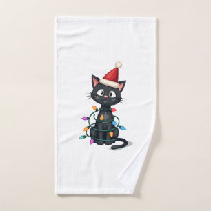 Christmas Cat Tuxedo black cat xmas lights kitty c Hand Towel
