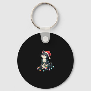 Christmas Cat Tuxedo black cat xmas lights kitty c Key Ring