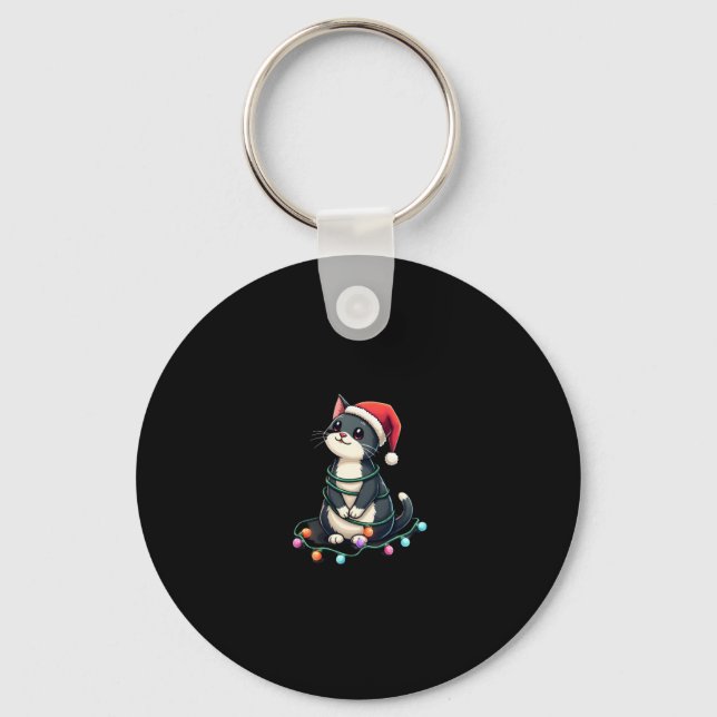 Christmas Cat Tuxedo black cat xmas lights kitty c Key Ring (Front)