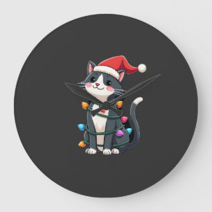 Christmas Cat Tuxedo black cat xmas lights kitty c Large Clock