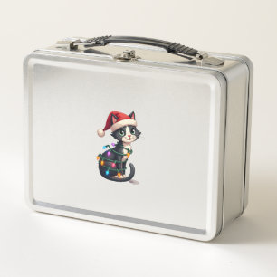 Christmas Cat Tuxedo black cat xmas lights kitty c Metal Lunch Box