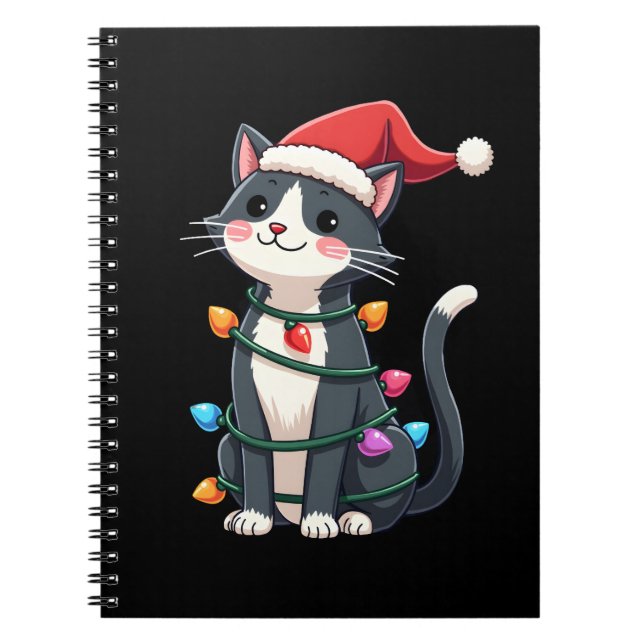 Christmas Cat Tuxedo black cat xmas lights kitty c Notebook (Front)