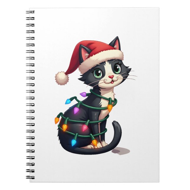 Christmas Cat Tuxedo black cat xmas lights kitty c Notebook (Front)