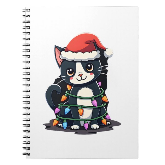 Christmas Cat Tuxedo black cat xmas lights kitty c Notebook (Front)