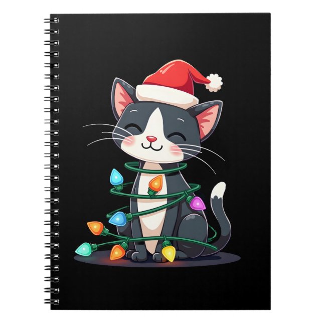 Christmas Cat Tuxedo black cat xmas lights kitty c Notebook (Front)