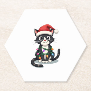 Christmas Cat Tuxedo black cat xmas lights kitty c Paper Coaster