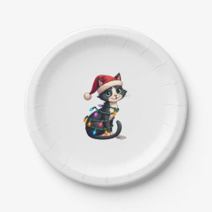 Christmas Cat Tuxedo black cat xmas lights kitty c Paper Plate