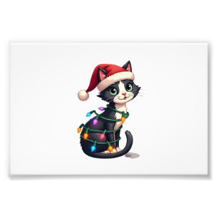 Christmas Cat Tuxedo black cat xmas lights kitty c Photo Print