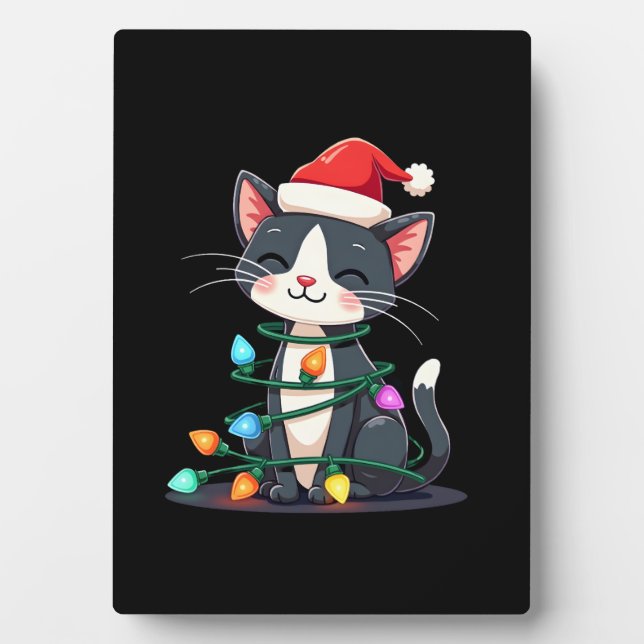 Christmas Cat Tuxedo black cat xmas lights kitty c Plaque (Front)