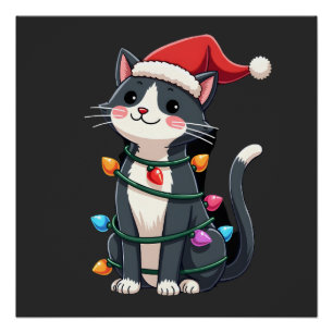 Christmas Cat Tuxedo black cat xmas lights kitty c Poster