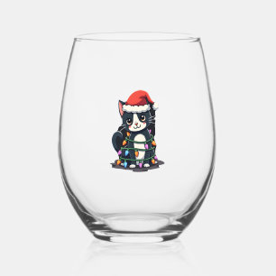 Christmas Cat Tuxedo black cat xmas lights kitty c Stemless Wine Glass