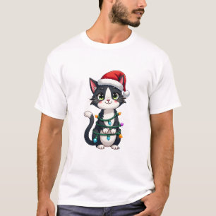 Christmas Cat Tuxedo black cat xmas lights kitty c T-Shirt