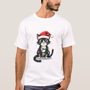 Christmas Cat Tuxedo black cat xmas lights kitty c T-Shirt