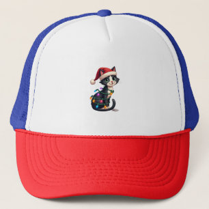 Christmas Cat Tuxedo black cat xmas lights kitty c Trucker Hat